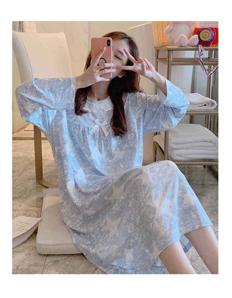 Spring Autumn Casual Plaid Cotton Nightgowns for Women Long Sleeve Loose Night Dress Home Dress Sleepwear Nightdress Nighty