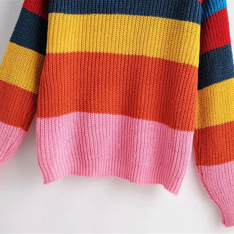 NSZ женский Радужный свитер с длинным рукавом Цветной полосатый вязаный Топ круглый воротник вязаный пуловер Трикотаж