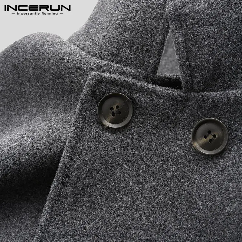 INCERUN, мужское теплое шерстяное длинное пальто с отворотом, двубортное, классическое, деловое, повседневное, одноцветное, модный тренд, мужские куртки, пальто