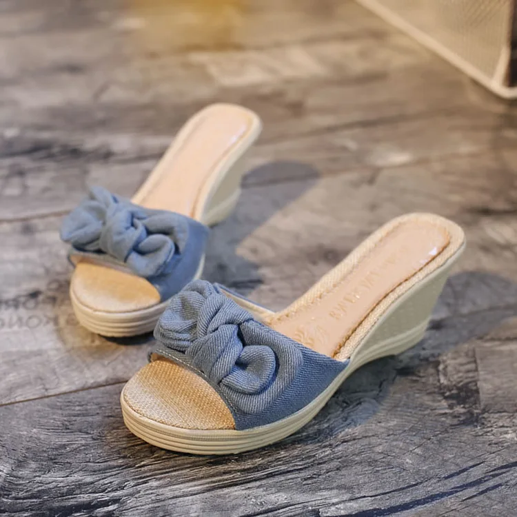 

Korean-style Summer New Style Thick Bottomed Women's Slippers Bow Platform Extra High Sandals Denim Slanted Heel