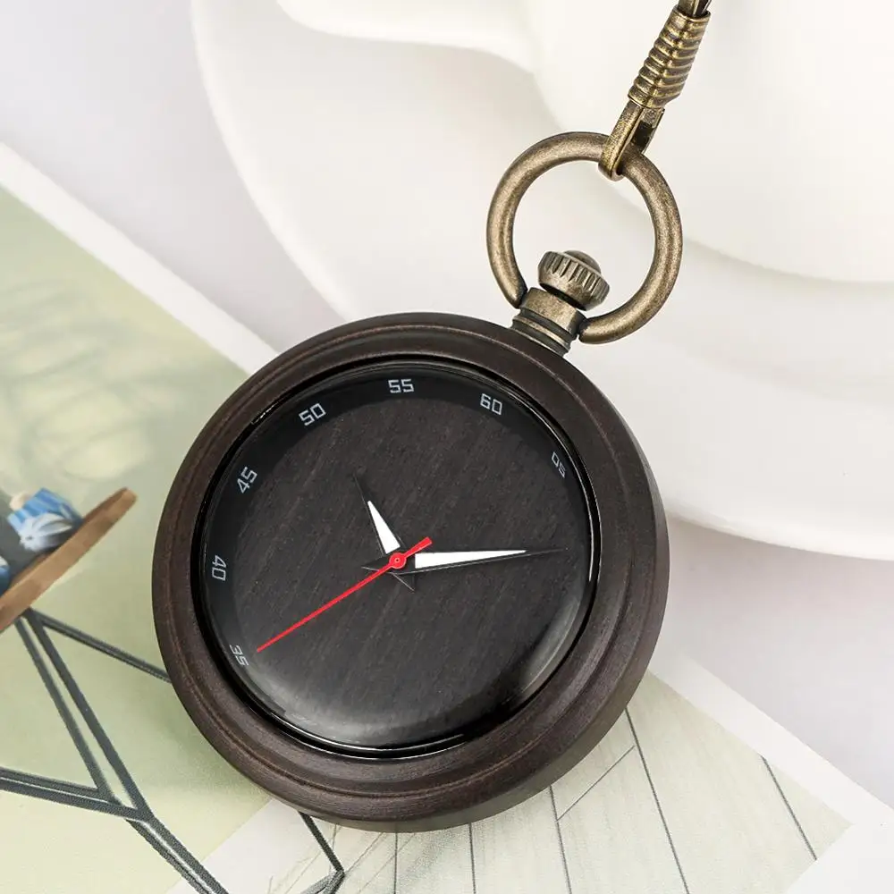Natural Wood Pocket Watch Quartz Analog Open Face Pendent Watch Natural Wooden Chain Clock Gift for 4