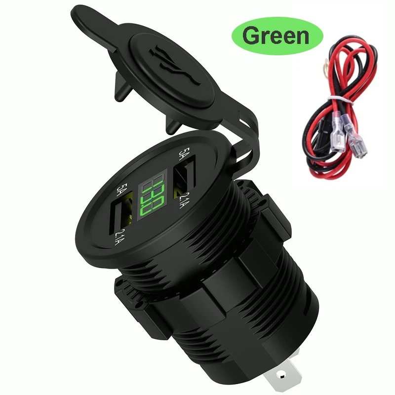 Зеленый Dual USB Charger Cigarette Lighter Socket Power Outlet 4.2A with Voltmeter& Wire in-line 10A Fuse for 12-24V Car Boat Motorcycle - Название цвета: Зеленый