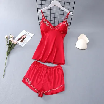 

Women Pajamas Satin Sleepwear Pijama Silk Homewear Lace Home Clothing Chest Pads Spaghetti Strap Sleep Lounge Pyjama