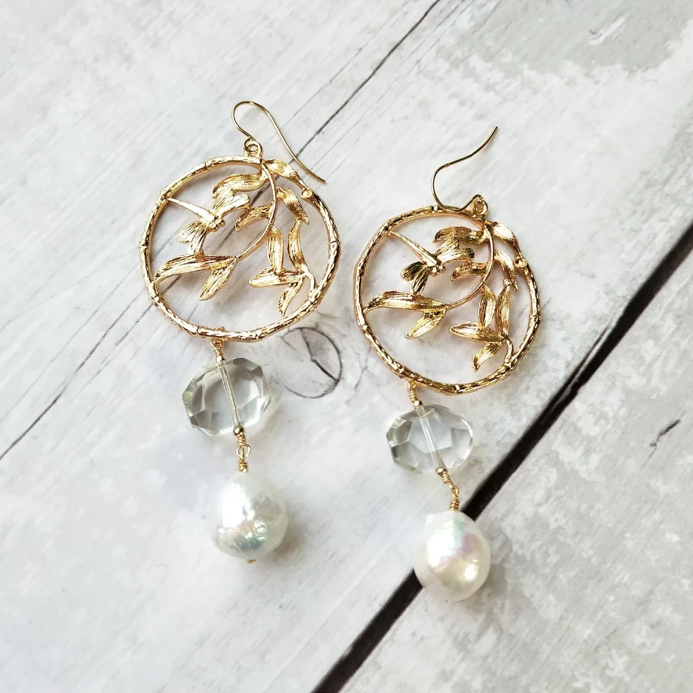 

Lily Jewelry Baroque Pearl Green Amethysts Big Circle Drop Earrings 925 Sterling Silver Hook Earrings For Women