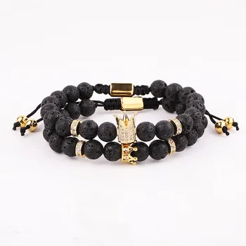 New Design High Quality CZ Crown&Queen Charm Lava Rock Stone Adjustable Couple Bracelet Male Female