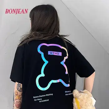 

Reflective Bear Women T-shirt 2020 Plus Size Harajuku Korean Short-Sleeved Women National Fashion Loose Fashion Couple Clothes