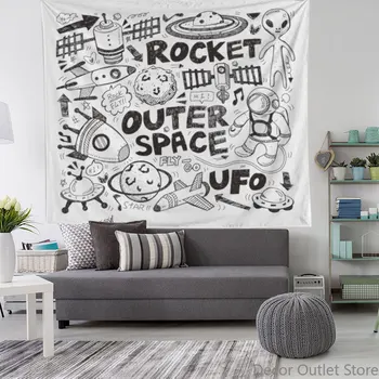 

The Space Theme Tapestry Mountain Moon Tapestry Wall Hanging Stars Black and White Art Home Decor Saucer Man Moon Dorm Decor