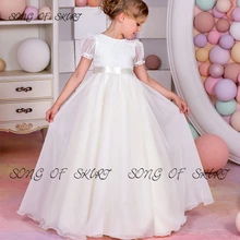 Bubble Short Sleeve Chiffon Wedding Flower Girl Dresses Round Neck First Communion Gowns Daughter Special Occasion Dresses