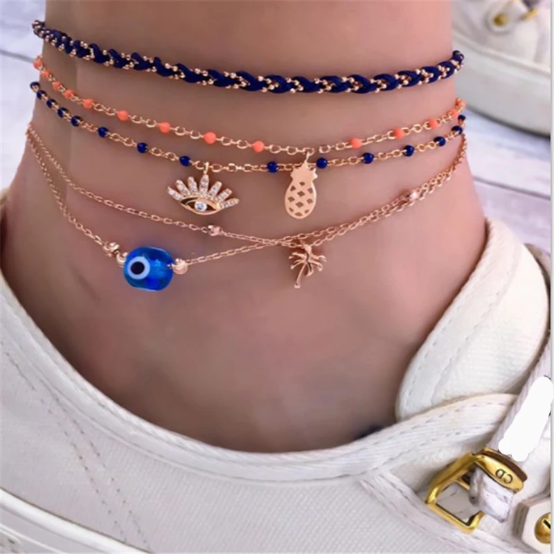 

Docona Bohemian 5pcs/sets Beach Tree Pineapple Anklets for Women Eyes Rope Foot Bracelets Accesorios Mujer Wholesale 8173