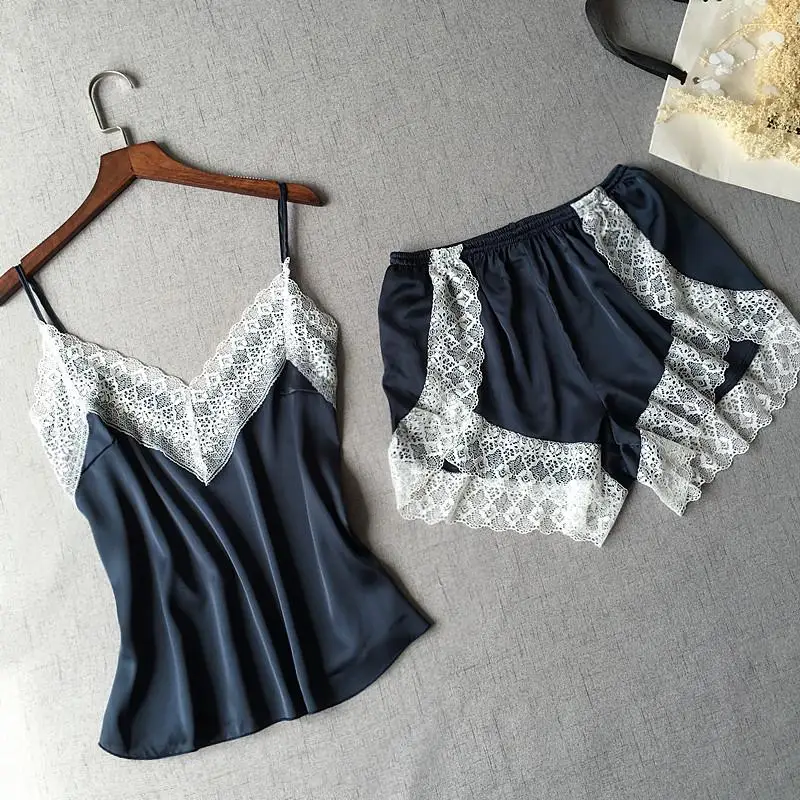 

Women's V-Neck Sexy Satin Pajama Set White Lace Pyjamas Sleeveless Cute Cami Top and Shorts Sleepwear