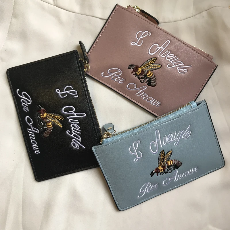 

New cow leather women wallet with key chain cowhide female clutch bag bee credit card hodler lady purses zipper key holder