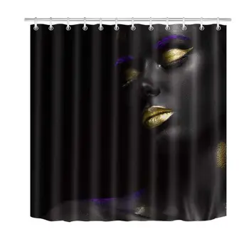 

African American Shower Curtains,3D Printing Gold Lips Afro Black Girl Shower Curtain Polyester Fabric Waterproof African