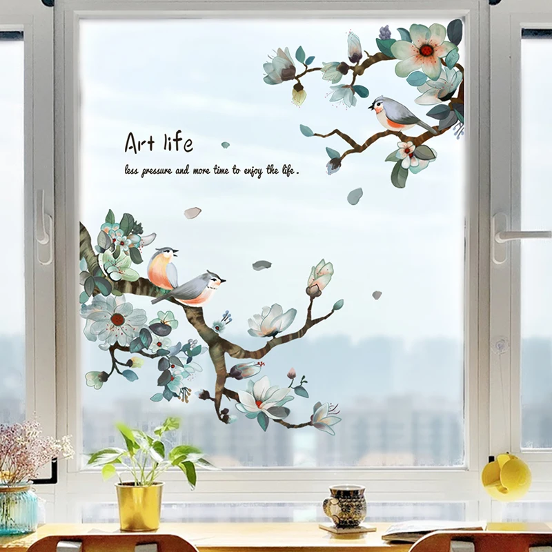 

Painted Ink Bird Flower Branch Wall Stickers for Home Windows Decoration Living Room Background Wall Decor Self-adhesive Decals