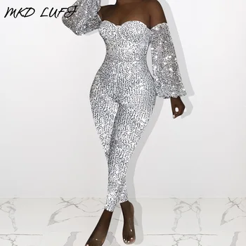 

Sexy Off Shoulder Sequined Rompers Women Jumpsuits Ladies Long Sleeve Skinny Party Jumpsuit One Piece Overalls