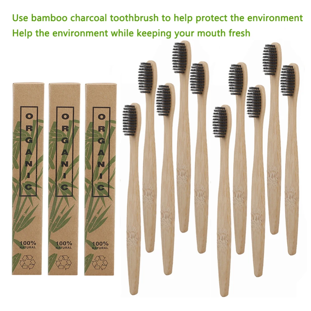 4-10pcs Bamboo charcoal bristle Toothbrush Wooden Rainbow eco-friendly Adult Toothbrush Oral Care wholesale logo customized