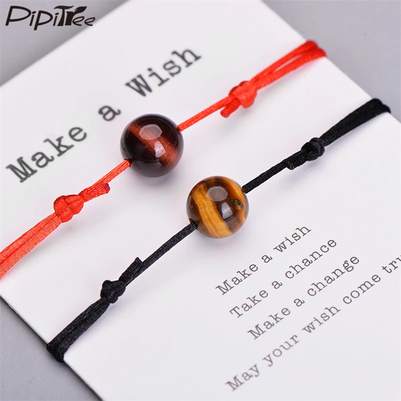 

Pipitree 2pcs/set 10mm Real Natural Tiger Eye Stone Bead Couple Bracelets Women Men Lovers Red String Bracelet Wish Jewelry Gift