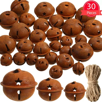 

Vintage DIY Christmas Decoration Bell Craft Tool 30 Bell + 10Meter Hemp Rope Cross Rusty Antique 4CM Bells Garland Accessories