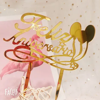 

New Portuguese Feliz Aniversario Acrylic Cake Topper Gold Acrylic Happy Birthday Cake Topper For Birthday Party Cake Decorations