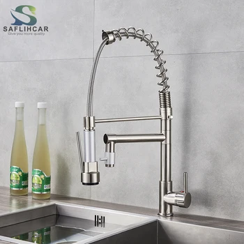 

Brushed Nickel Spring Kitchen Sink Faucet 360 Degree Rotating Side-pull Kitchen Sprayer With Two Water Outlets
