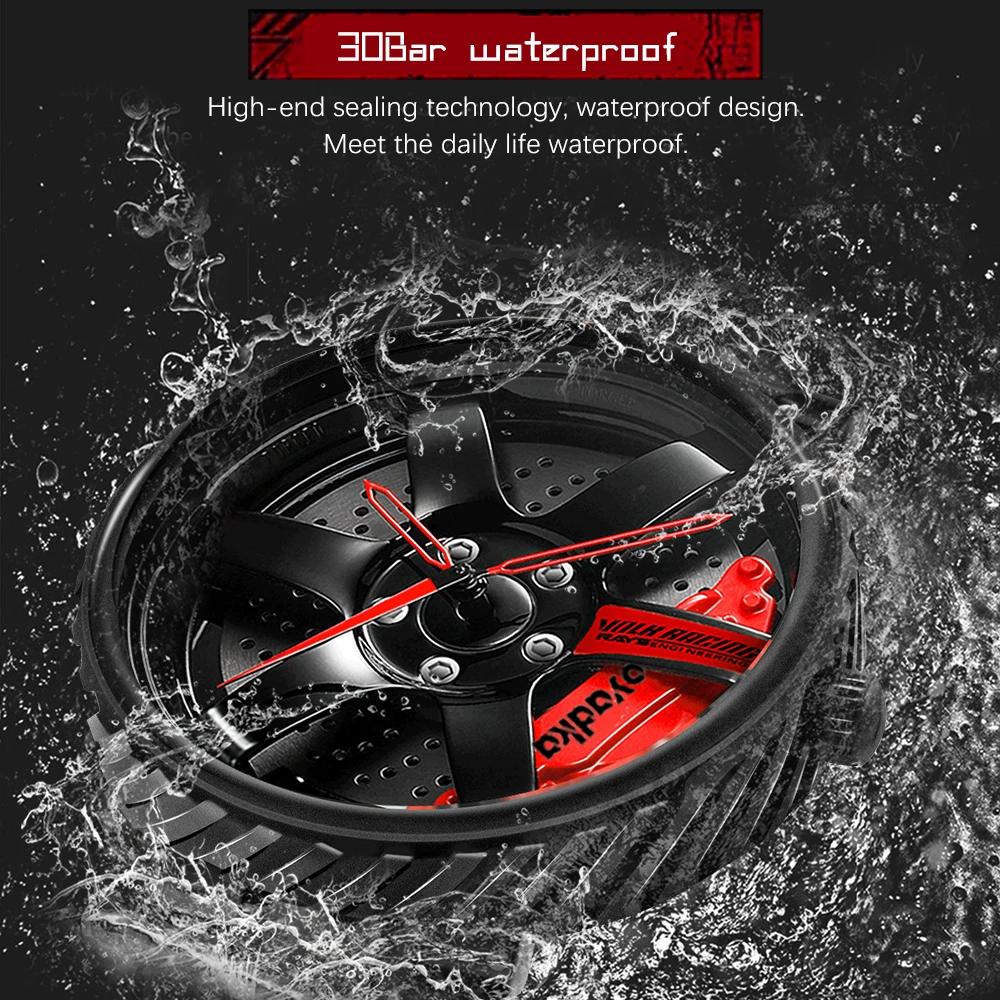 3D Hollow Pattern Men Stainless Steel Watches Racing Auto Car Wheel Watch Men Wristwatch Clock Sport Creative Design Wristwatch
