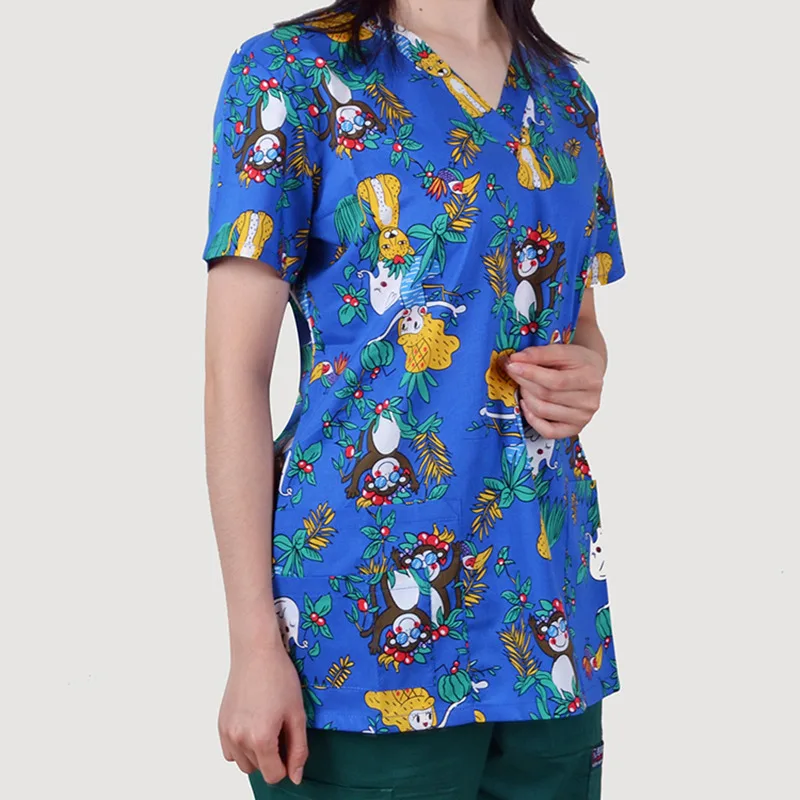 SCRUB TOP 5 Женские медицинские топы с 25 принтами, хлопок, больничная медицинская форма, доктор, стоматолог, рабочий скраб-топ, v-образный вырез, короткие рукава - Цвет: SCRUB TOP 5