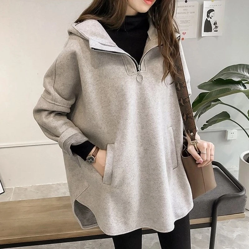 Gray Новинка зимы, толстовка на молнии, женская, длинный рукав, рукав летучая мышь, Свободный пуловер, женская, повседневная, утолщенная, толстовка размера плюс, BF стиль, толстовки - Цвет: Gray