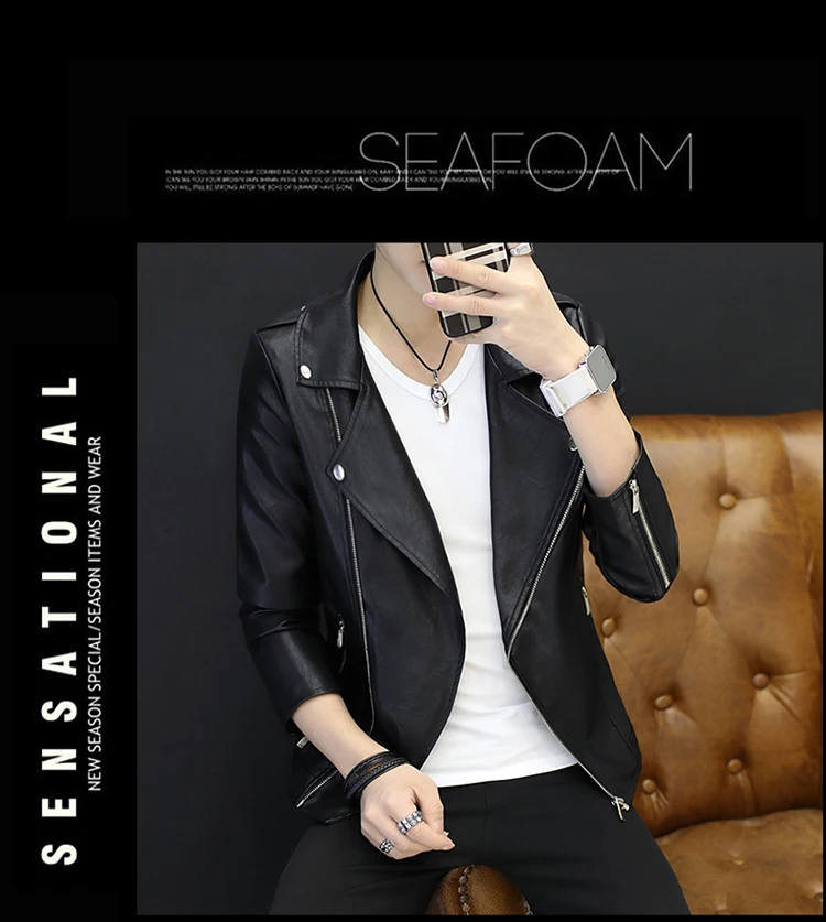 Осень стиль мужская кожаная куртка модная мужская Корейская-Стиль Slim Fit сплошной Цвет Откидной Воротник Молодежная в байкерском стиле из искусственной кожи искусственная(-ый