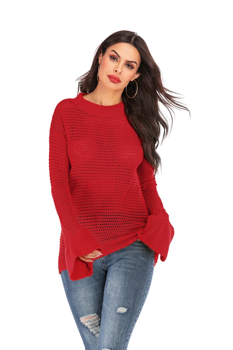 

Women Flare Sleeve Autumn Knitted Sweater Fashion Long Sleeve Pullovers Lady Sweater Round Neck Thin Sexy Women Top Clothes