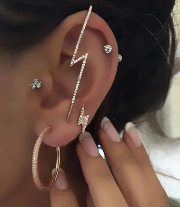 

No Pierced Non-piercing long Earcuff Ear Clip girls 1pc Flash lightning cz cuff earring for wedding jewelry