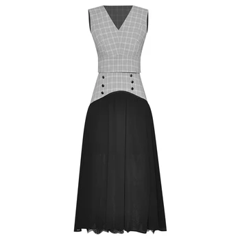 

HIGH QUALITY New Fashion 2020 Runway Suit Set Women's V-Neck Sleeveless Plaid Vest Tank Top + Long Skirt Set
