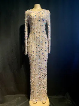 

High Quality Black Nude Long Sleeve Shining Beading Bodycon Long Dress DJ Club Party Dancer Costume