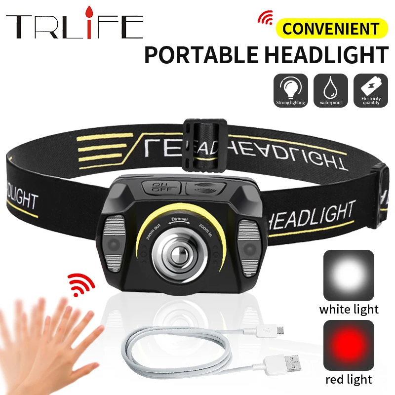 US $46.30 8000lm Portable Mini Headlight With Sensor USB LED Headlamp Super Bright Red Fishing Lights Waterproof Zoom Lantern EDC Torch