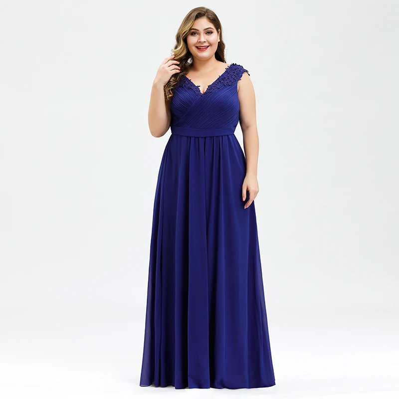 Plus Size Prom Dresses A-Line V-Neck Sleeveless Ruched Appliques Elegant Chiffon Formal Party Gowns Vestido Gala Mujer 2020