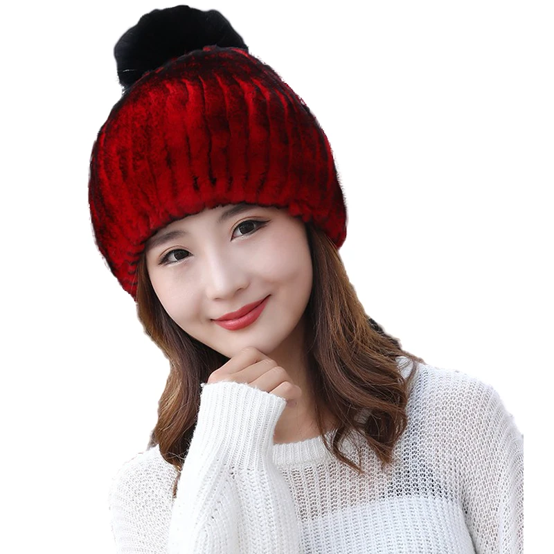 Style 5 Настоящий мех кролика шапки для женщин зимние теплые Skullies Beanie шапка с лисьим меховым помпоном - Цвет: Style 5