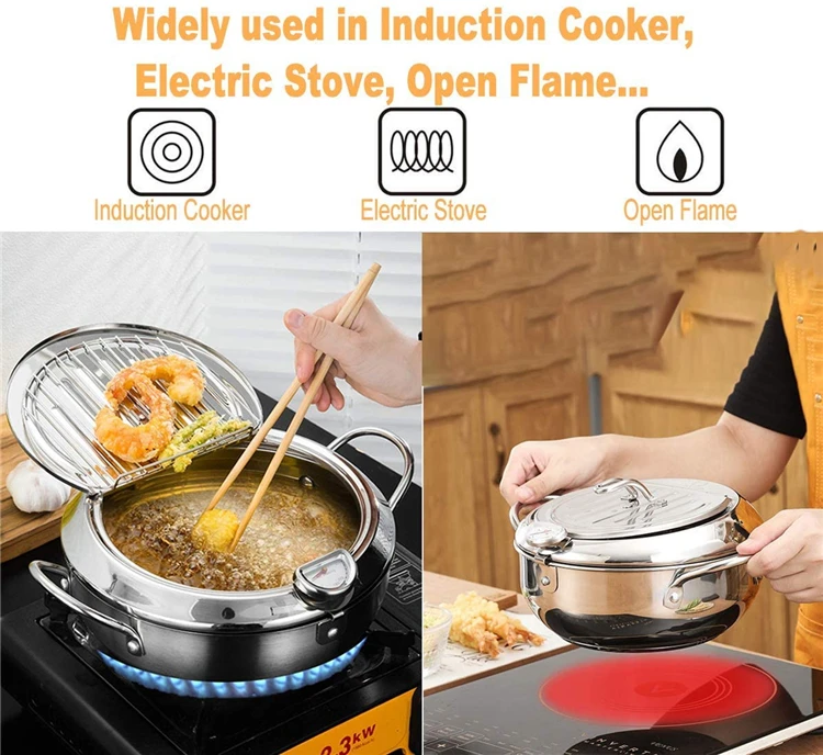 Stainless Steel Deep Frying Pot with a Thermometer and Lid Kitchen Tempura Fryer Pan