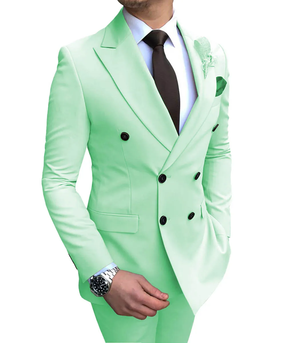 Mint Green Новинка, модный мужской костюм, 2 предмета, v-образный вырез, для отдыха, с отворотом, двубортный смокинг, мужские свадебные костюмы(пиджак+ брюки - Цвет: Mint Green