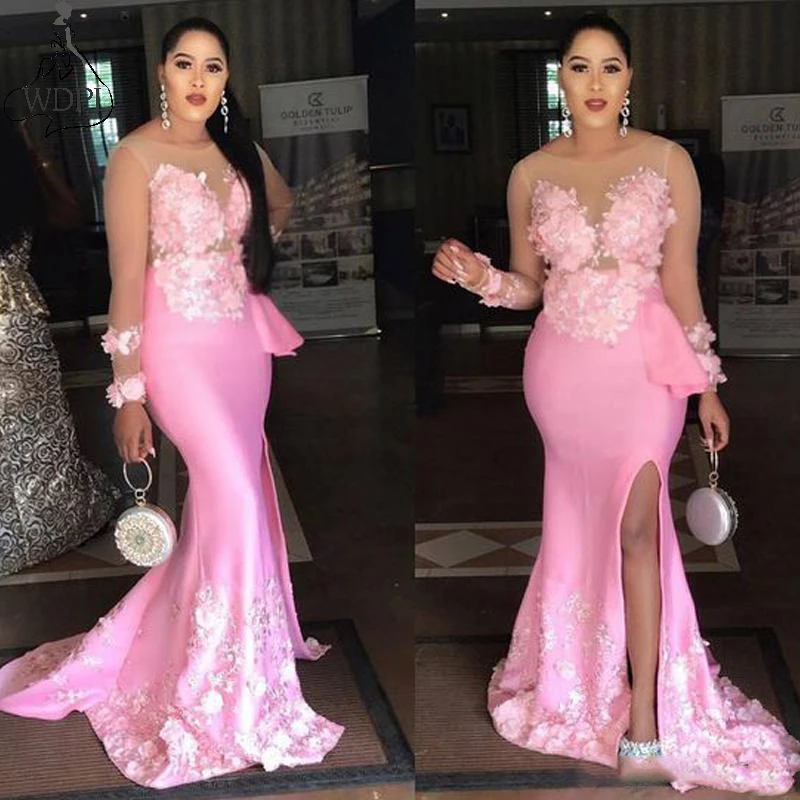 

Sheer Neck Pink Mermaid Prom Dresses 2019 Floral Appliques Evening Party Gown Side Split Long Sleeve Formal Dress robe de soiree
