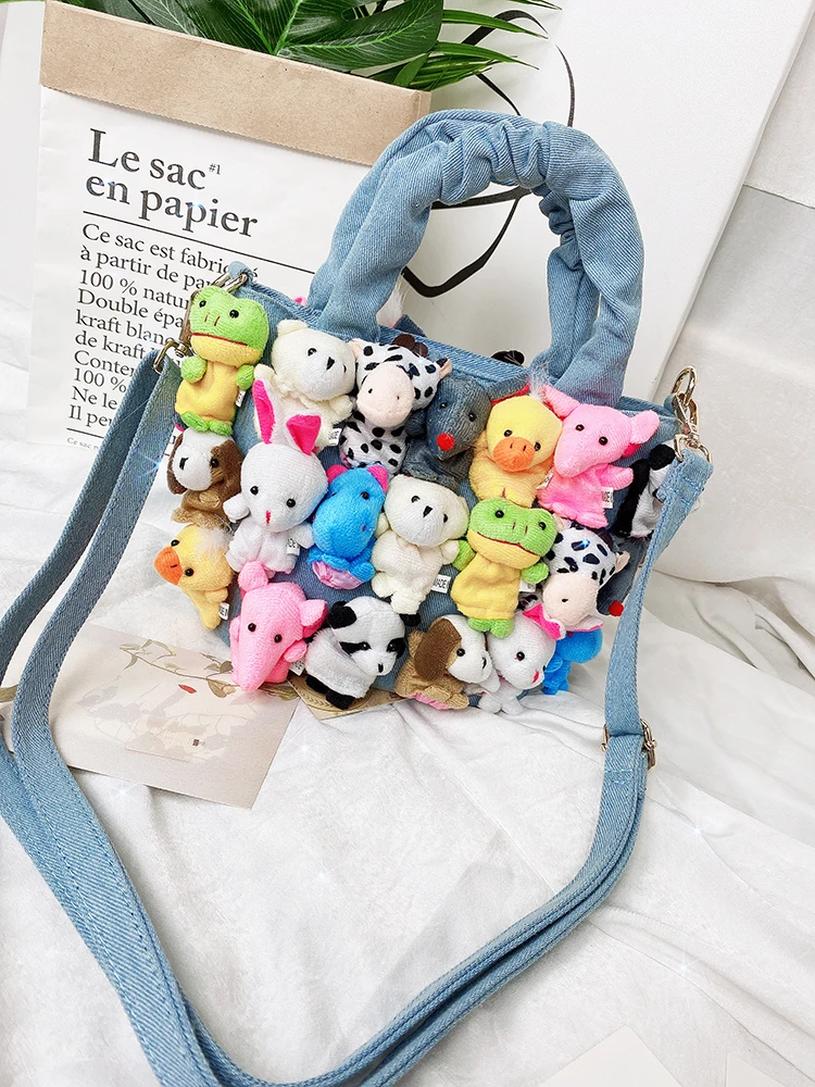 Fashion Women Denim Bucket Cartoon Toy Decoration Handbags and Purses for Female Cute Dolls Design Shoulder Bags Crossbody Bags