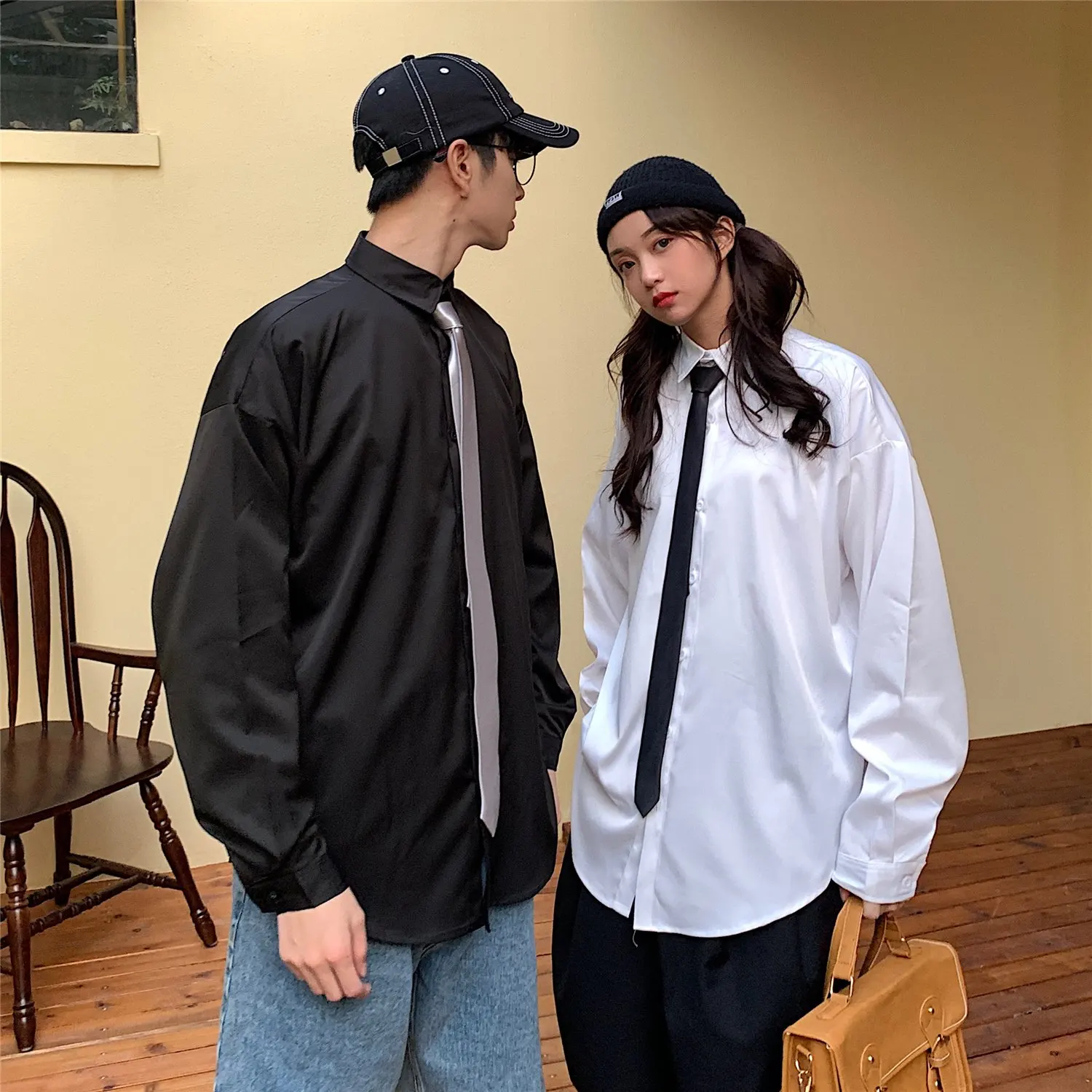 

Korean Clothes Plain Class Suit Letter Print Dress Shirt for Mens Black Camisas Loose Blouse White Button Up Shirt Including Tie
