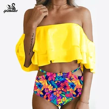 Купальник с высокой талией,, сексуальные бикини, женский купальник с оборками, винтажный бандо, полосатый низ, бикини, набор, купальники