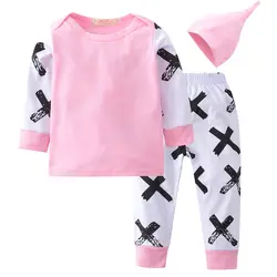 Комплект одежды из 3 предметов для новорожденных девочек, модная розовая футболка с длинными рукавами + штаны + шапка, комплект одежды для