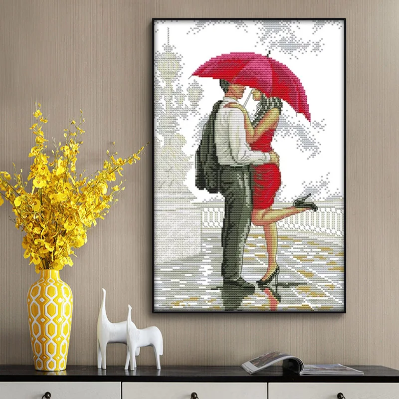 A Romantic Walking In The Rain Cross Stitch Kits Unprinted Fabric Embroidery Needlework Set 11 14CT DIY Handmade Home Decoration