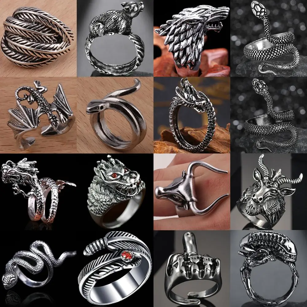 Open Vintage Snake Free Size Ring For Women Men Gothic Rock Hip Hop Black Animals/Dragon/Deer/Goat