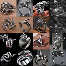 Anillo abierto Vintage de tamaño libre de serpiente para Mujeres Hombres gótico Rock Hip Hop negro Color plata animales/dragón/ciervo/cabra dedo anillo