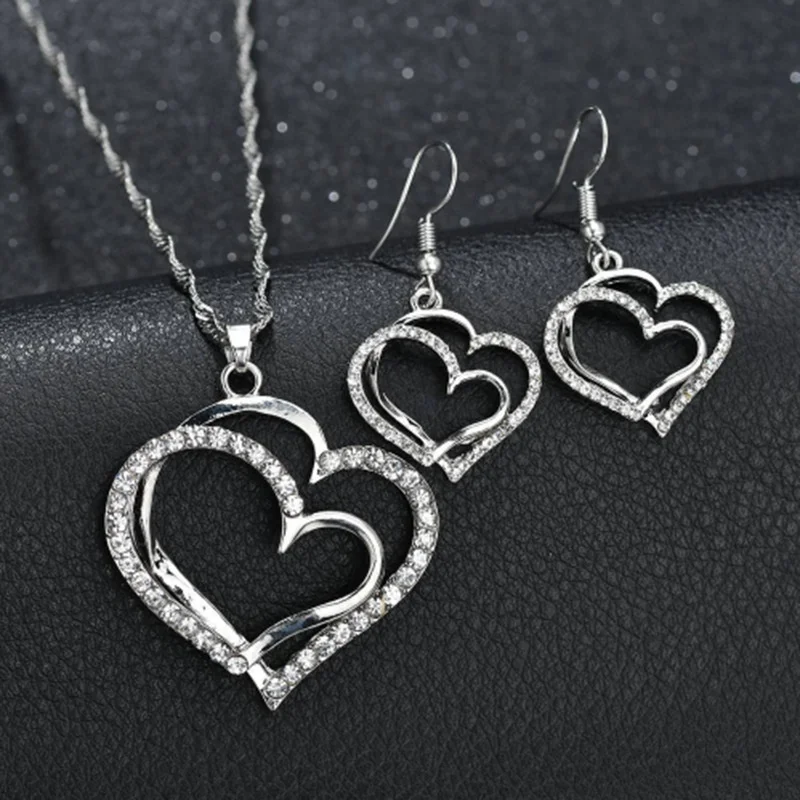 New Fashion Gold And Silver Diamond Double Love Pendant Necklace Earrings Bracelet Sweet And Romantic Ladies Wedding Jewelry Set