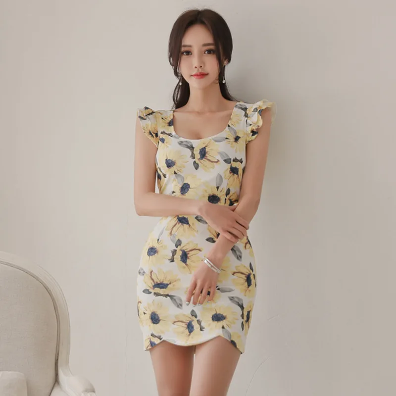 

2019 Summer Wear Korean-style New Style WOMEN'S Dress Sexy Slim Fit Printed Flounced Sleeves Debutante Sheath Short Skirt Dress