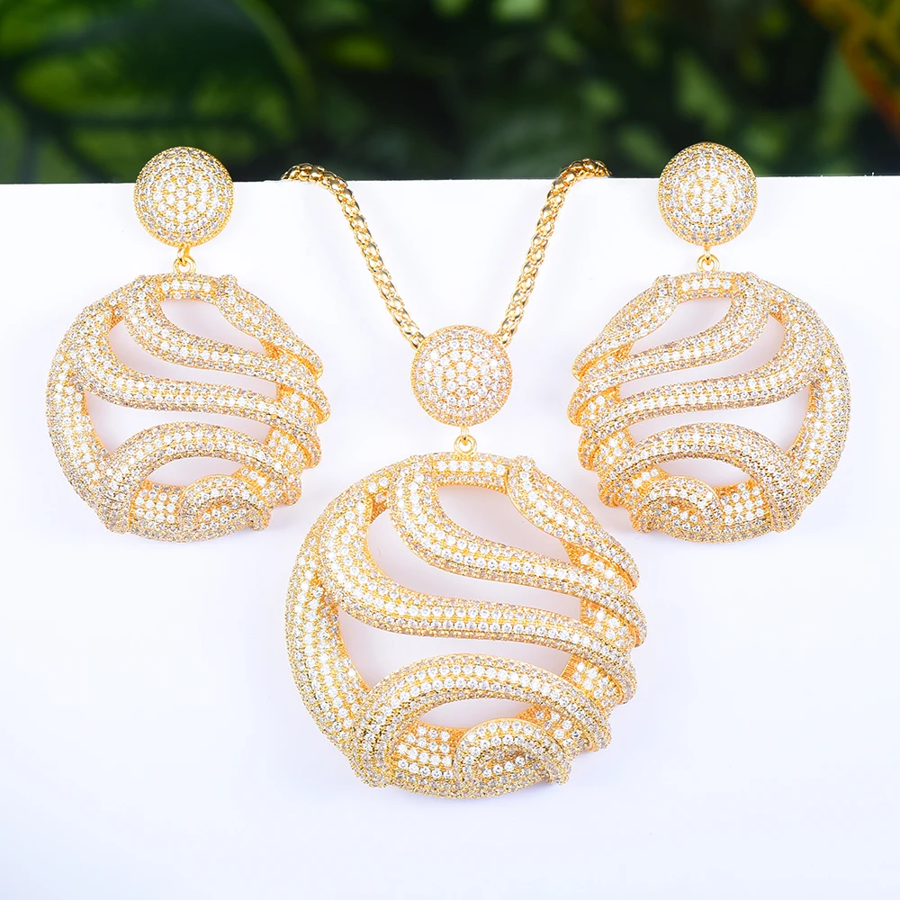 Missvikki 2 шт. Роскошные Дубай Свадебные большие круглые серьги с подвесками ожерелье комплект ювелирных изделий супер CZ Новый дизайн аксессуа... Missvikki 2 шт. Роскошные Дубай Свадебные большие круглые серьги с подвесками ожерелье комплект ювелирных изделий супер CZ Новый дизайн аксессуа...