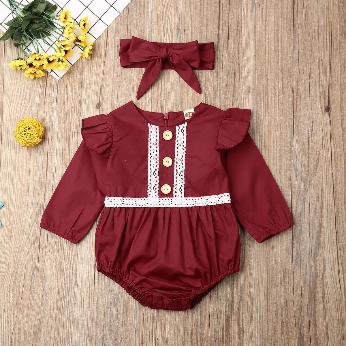 

Pudcoco Newborn Baby Girl Clothes Solid Color Long Sleeve Lace Button Romper Jumpsuit Headband 2Pcs Outfits Clothes