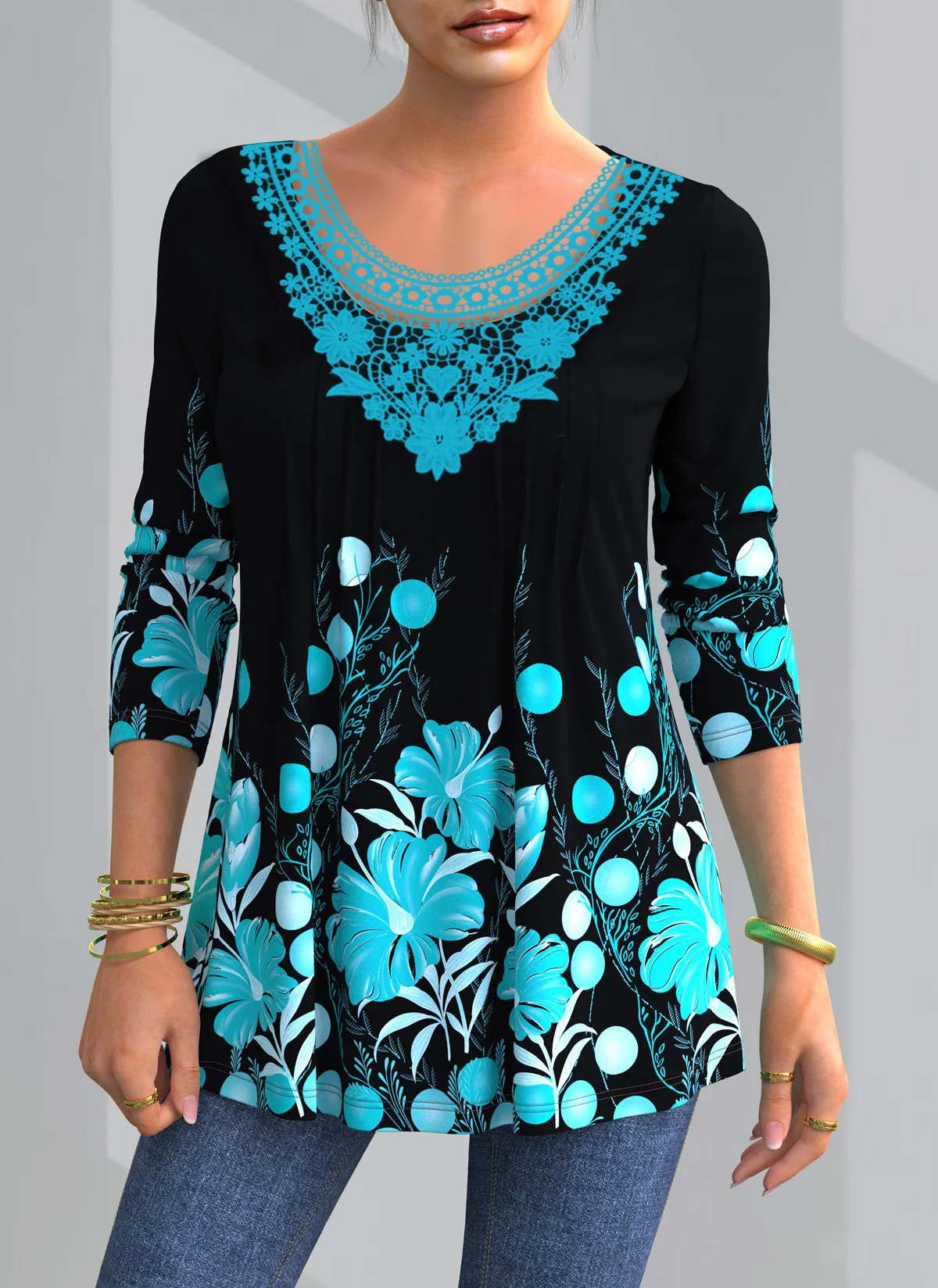 Plus Size 4xl 5XL T-Shirt Female 2020 Spring New Tops V-neck Half Sleeve Lace Splice Print Boho Women shirt | Женская одежда