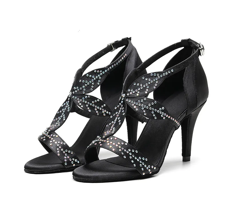 Women soft Latin Ballroom Dance Shoes Rhinestone Salsa Dancing Shoes 7.5CM 8.5CM 10CM Heel Female Party Tango Dance Shoes